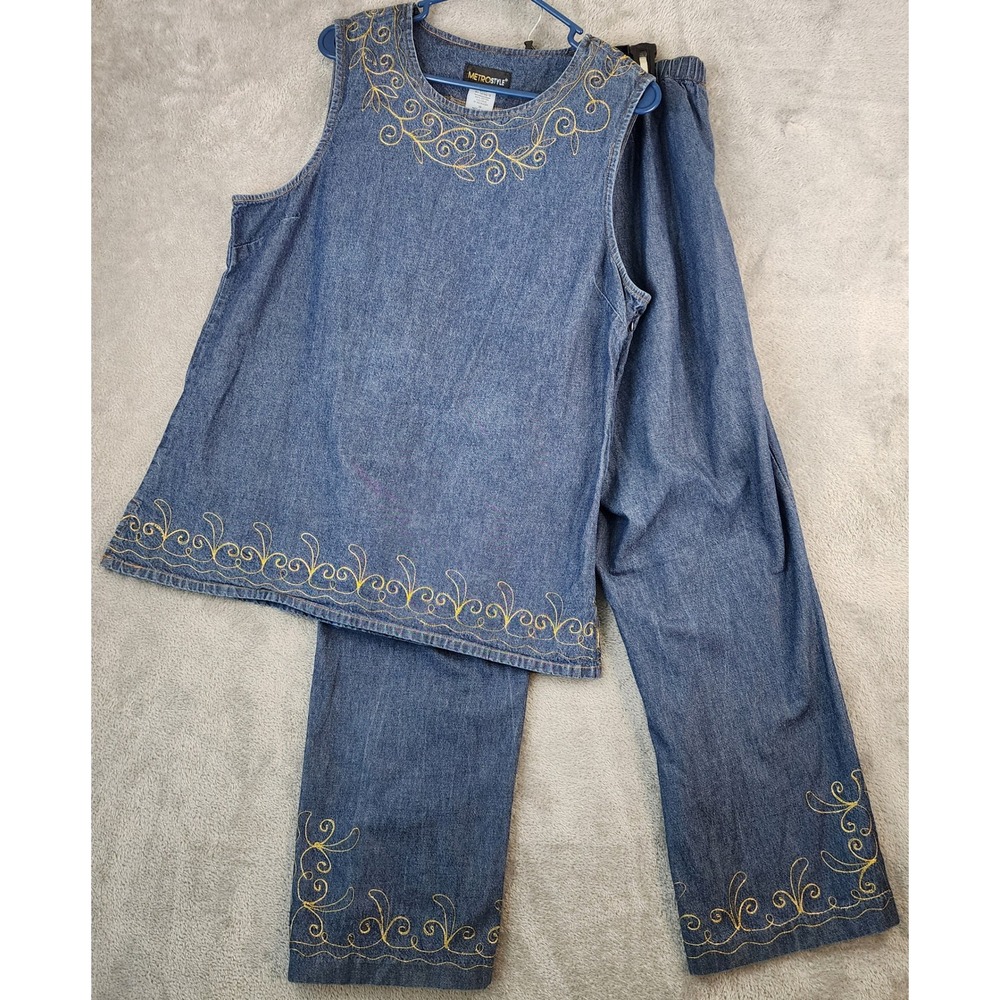 MetroStyle 2 Piece Set Womens Size 16 Top Pants Blue Denim Floral 90s Vintage - Picture 1 of 12